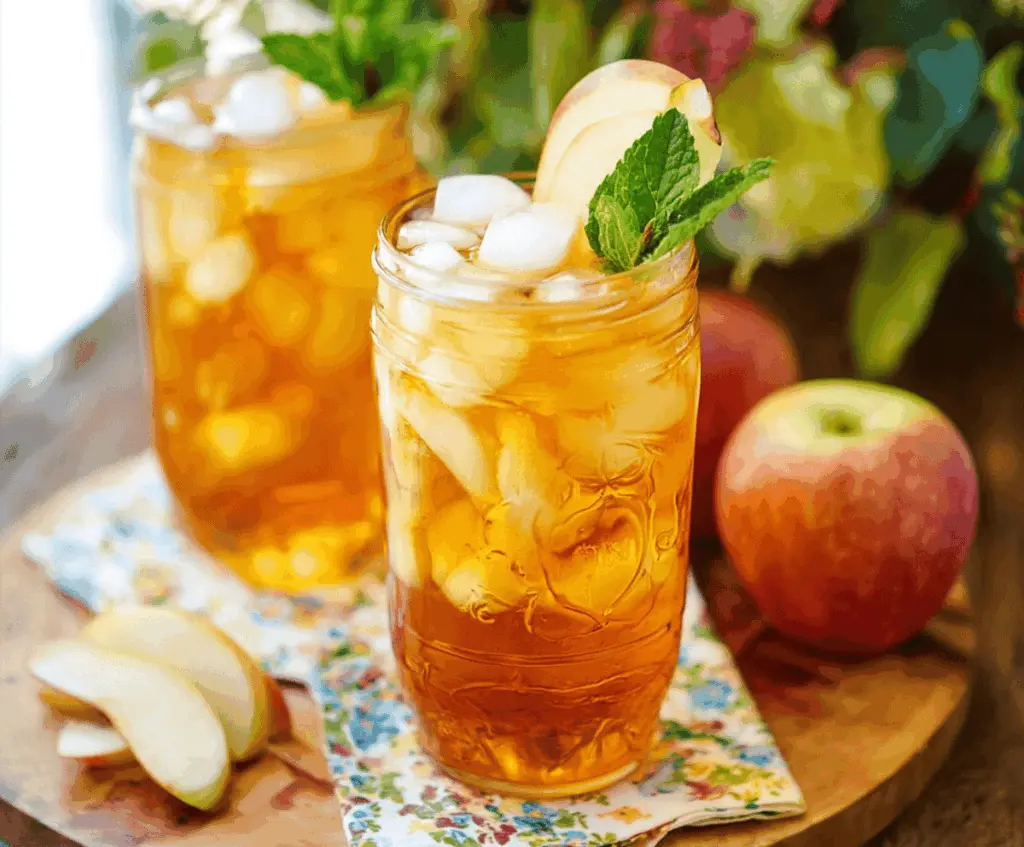 Refreshing Apple Butter Iced Tea served in a clear glass with ice, garnished with apple slices and a cinnamon stick, perfect for a cozy summer day