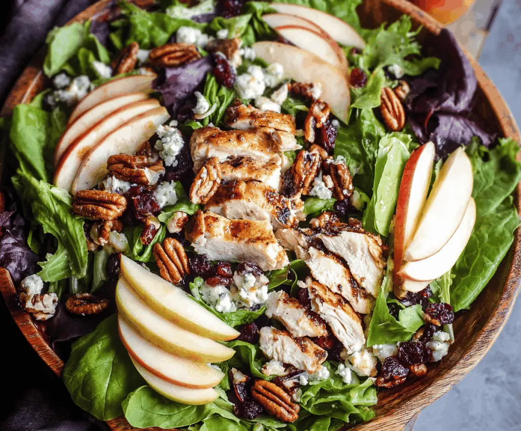 Fresh apple pecan chicken salad with sliced apples, toasted pecans, mixed greens, and grilled chicken, served in a bowl