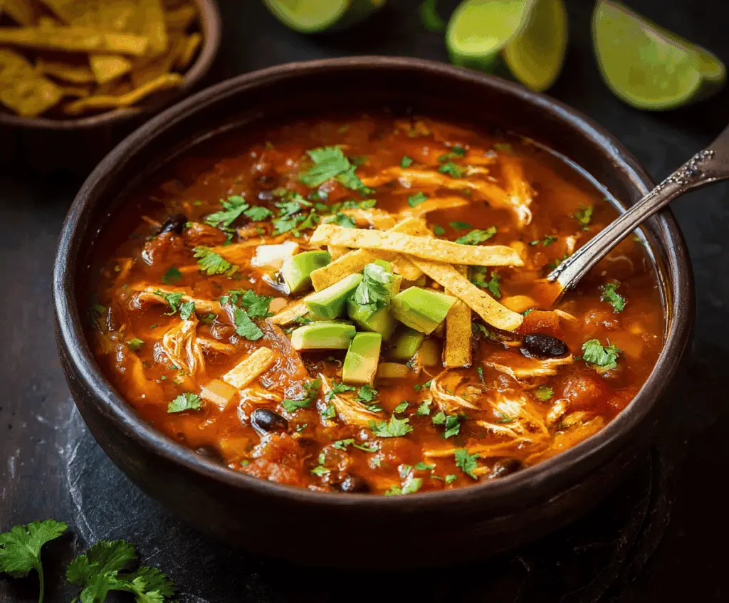 Hearty bowl of authentic chicken tortilla soup with shredded chicken, crispy tortilla strips, melted cheese, and fresh cilantro garnished on top