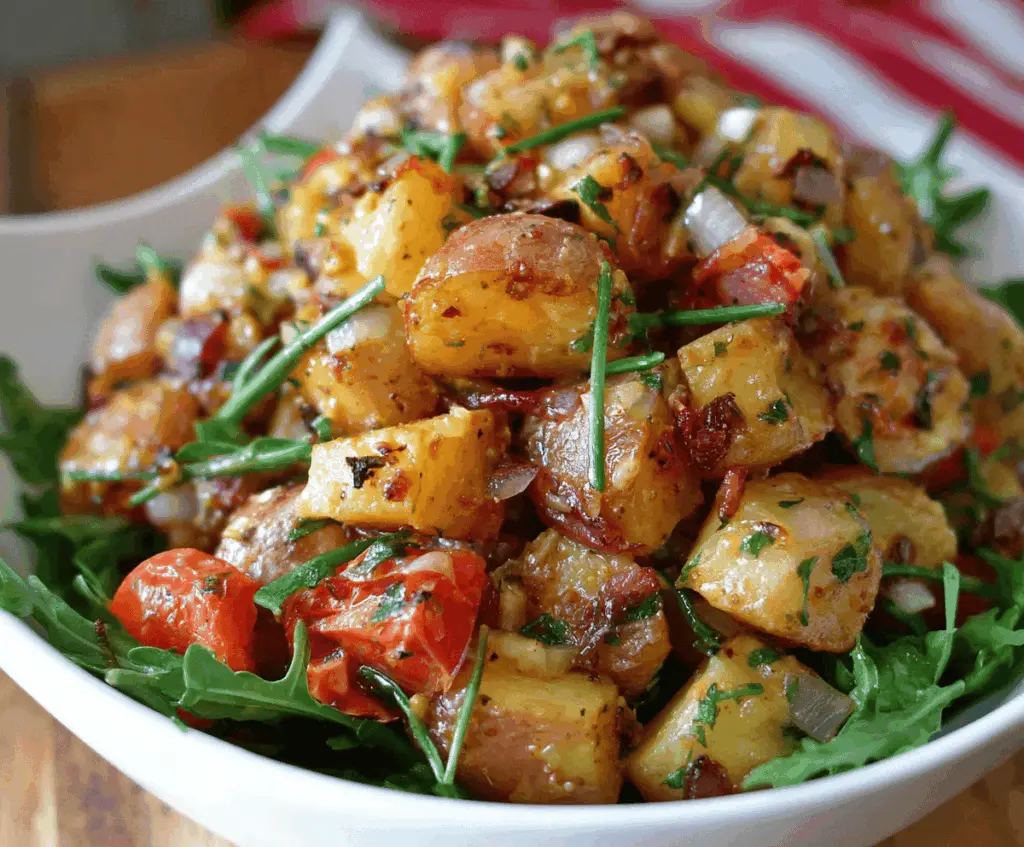 Freshly prepared Classic Potato BBQ Side Salad with chopped potatoes, herbs, and tangy dressing on a rustic plate