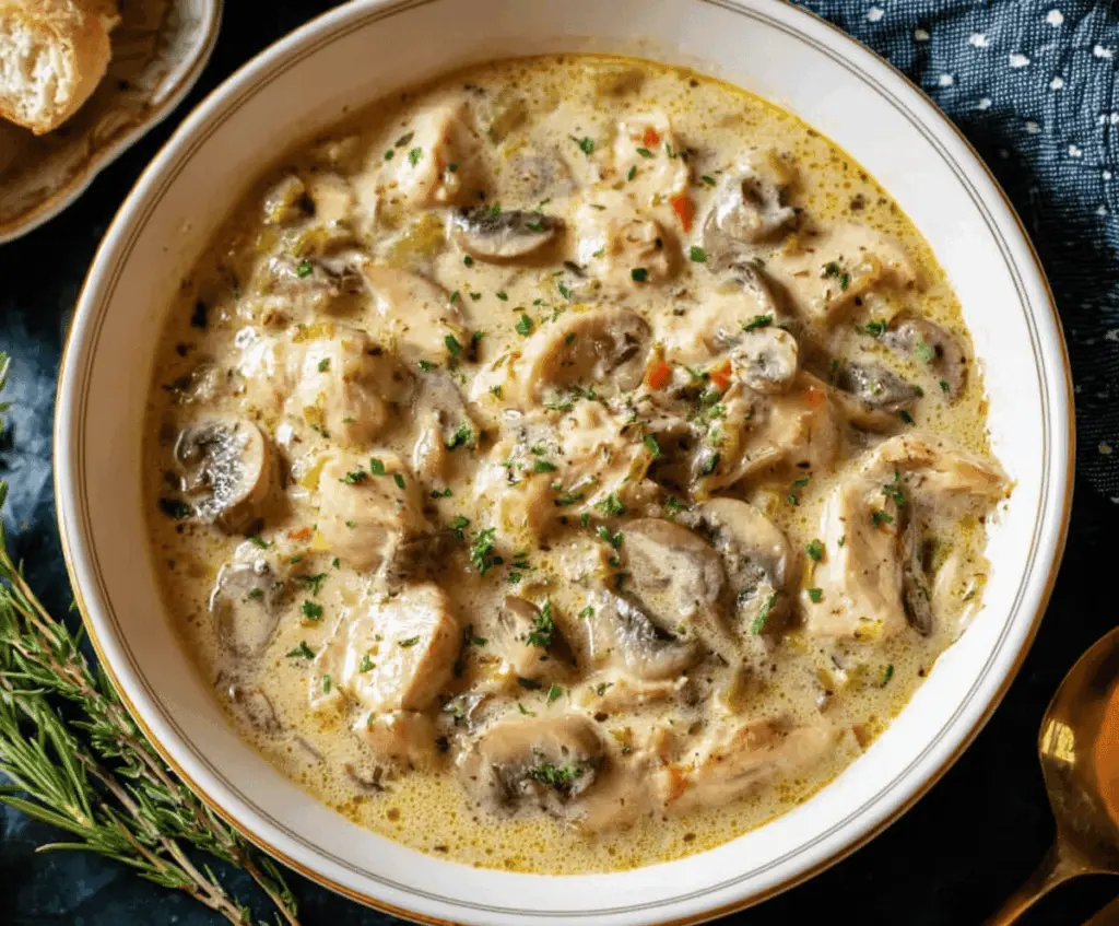 Delicious creamy chicken and mushroom stew in a bowl topped with fresh herbs, served with crusty bread