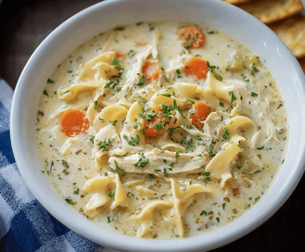 Creamy chicken noodle soup in a bowl with fresh herbs and vegetables, perfect for a comforting meal