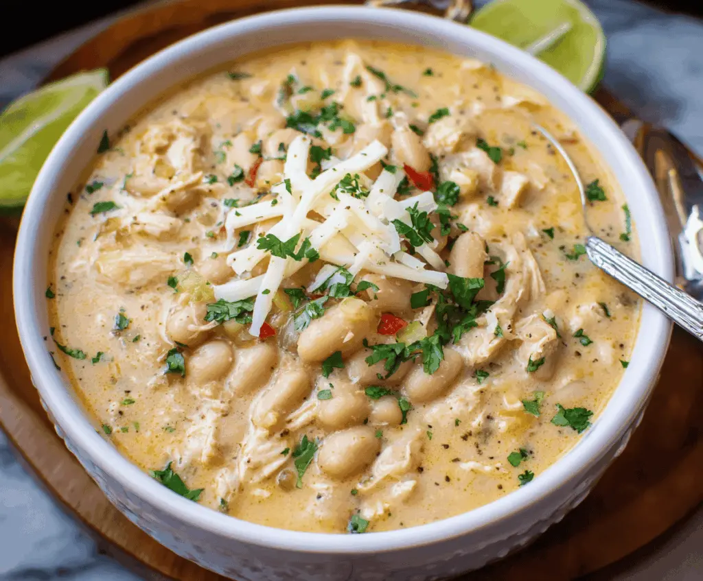 Creamy Crockpot White Chicken Chili in a bowl with shredded chicken, beans, and spices, topped with cilantro and cheese, served in a cozy kitchen setting