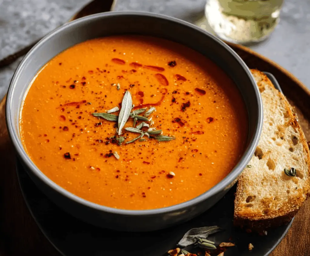 Creamy roasted garlic tomato soup served in a bowl with fresh basil and crusty bread on the side