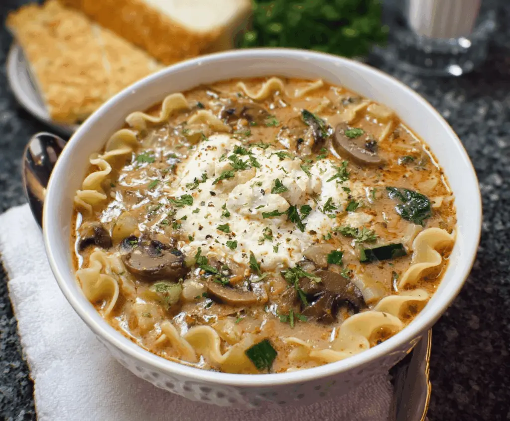 Creamy vegetarian lasagna soup with melted cheese, spinach, and pasta in a rich broth, served in a bowl