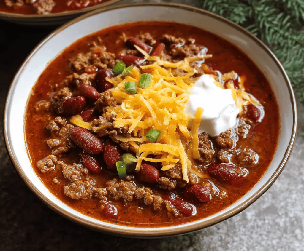 Delicious homemade Crockpot chili with ground beef, beans, and flavorful spices in a rustic bowl, perfect for comforting dinners