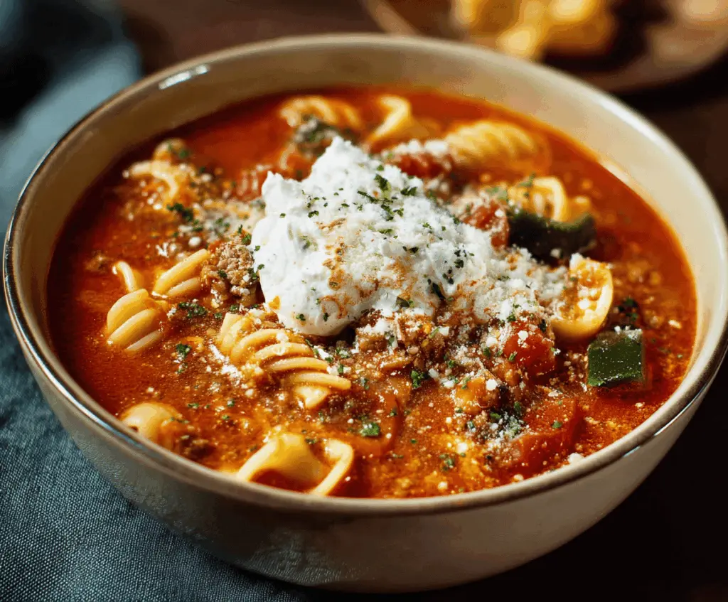 Delicious homemade Crockpot Lasagna Soup in a bowl with melted cheese, fresh herbs, and pasta served hot