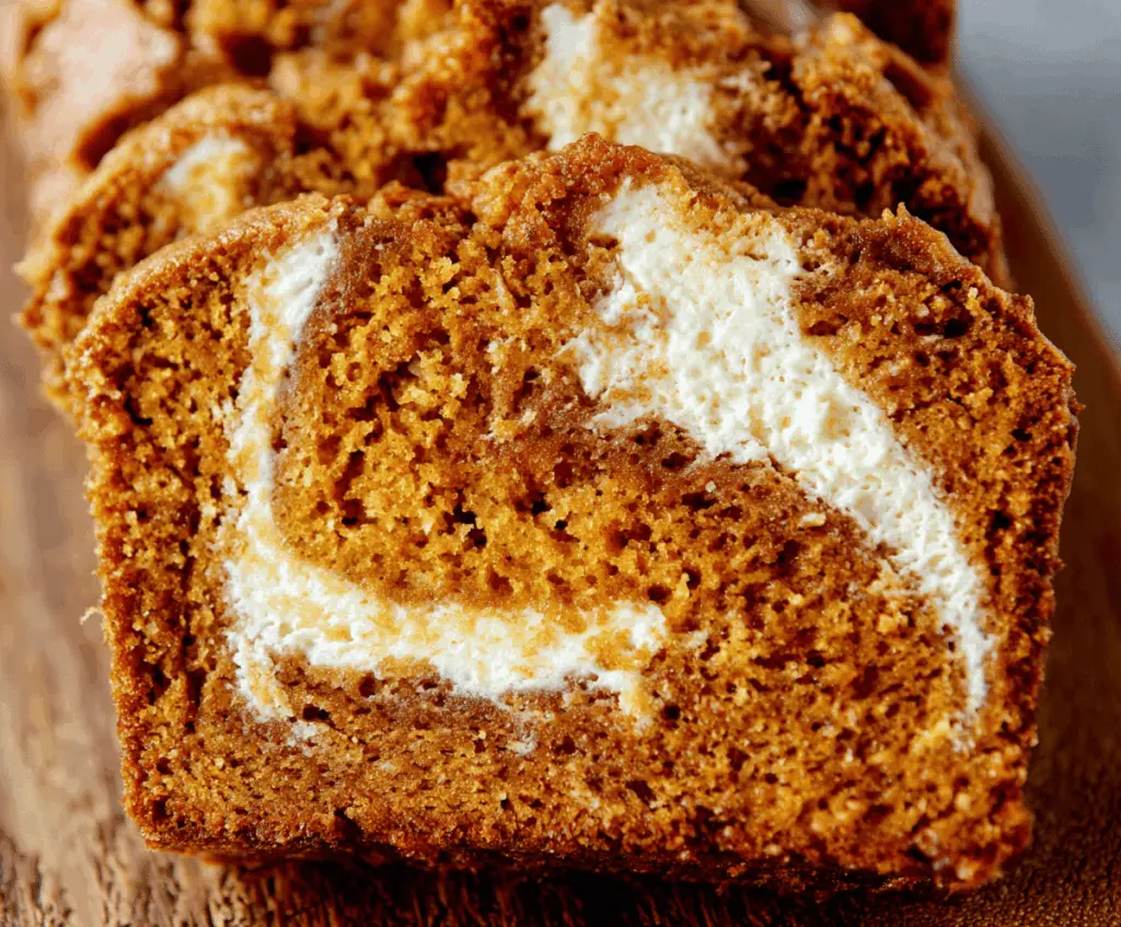 Delicious homemade pumpkin bread with a creamy cream cheese swirl on top, perfect for fall desserts or cozy treats