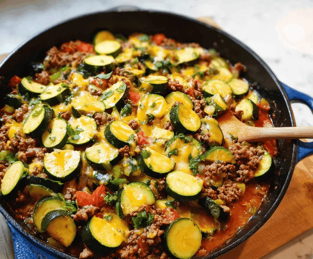 Delicious Ground Beef and Zucchini Skillet served in a skillet, featuring seasoned ground beef cooked with fresh zucchini slices for a healthy and flavorful meal.