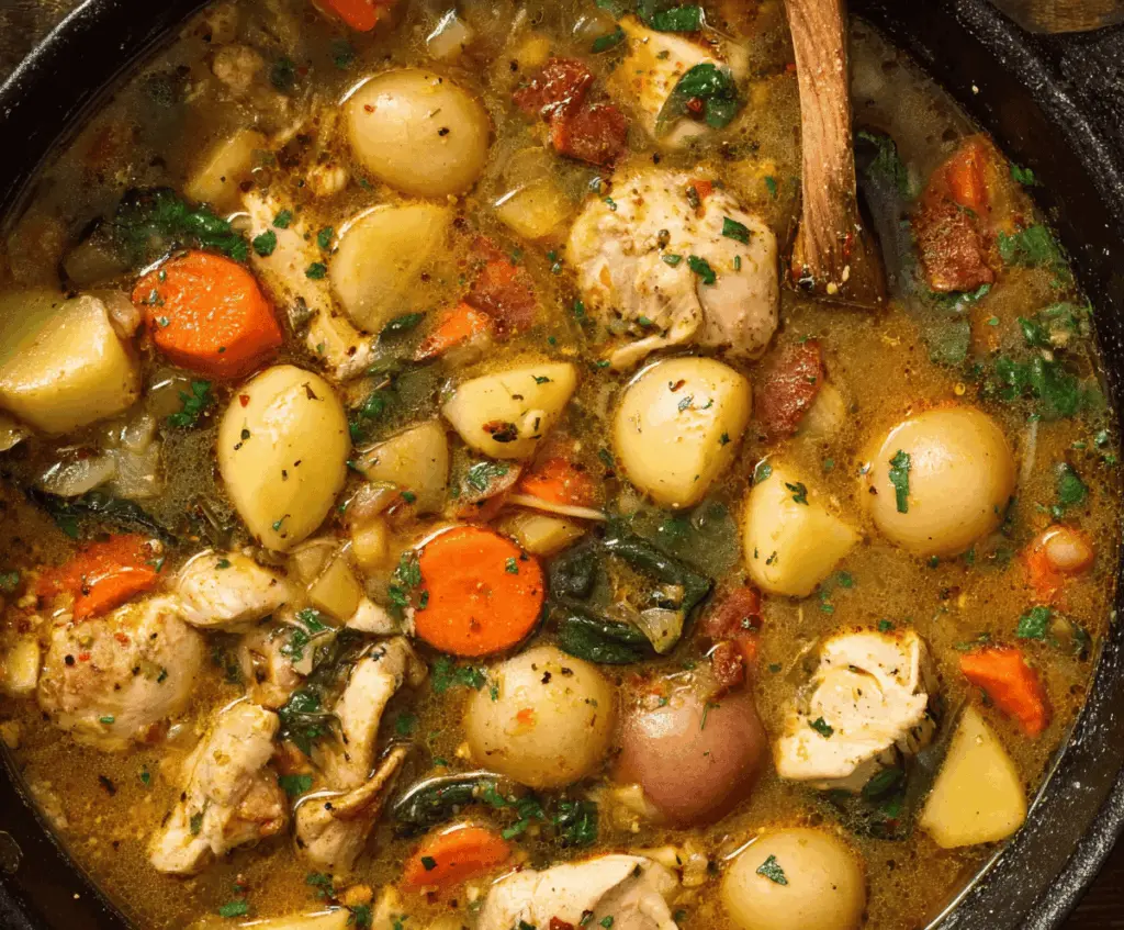 A bowl of hearty chicken stew featuring tender chicken pieces, colorful fresh vegetables, and savory broth, served hot in a rustic bowl.