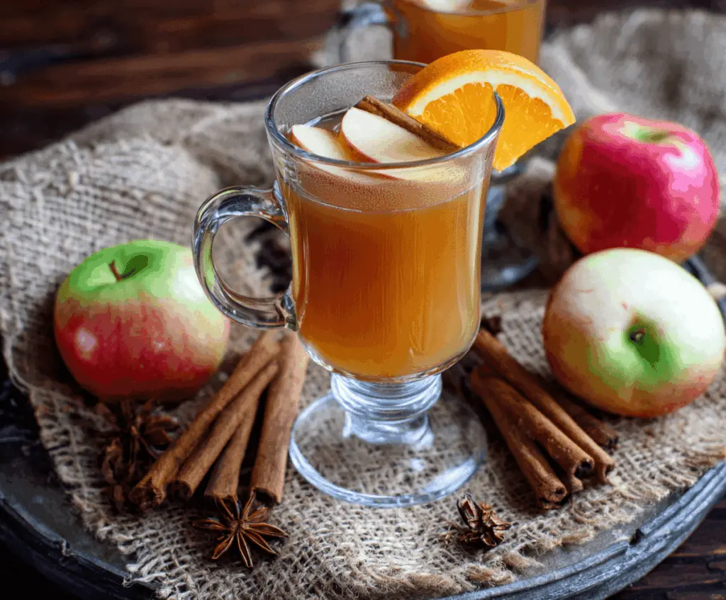 Warm, fragrant hot mulled apple cider in a glass mug garnished with cinnamon sticks, cloves, and orange slices, perfect for cozy winter evenings.