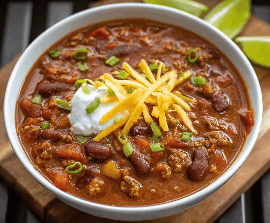 Delicious homemade Instant Pot chili in a bowl with beans, ground beef, tomatoes, and spices, ready to serve