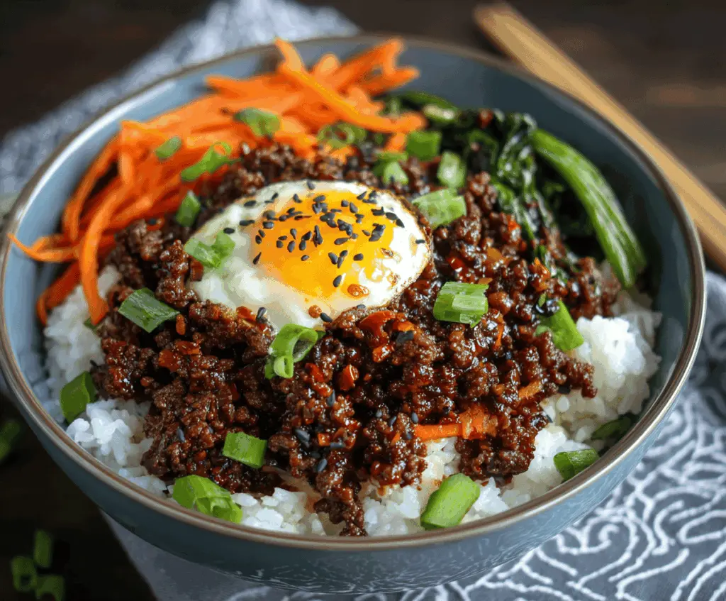 Delicious Korean Ground Beef Bowls with rice, vegetables, and savory sauce, served in a bowl for a flavorful Asian-inspired meal