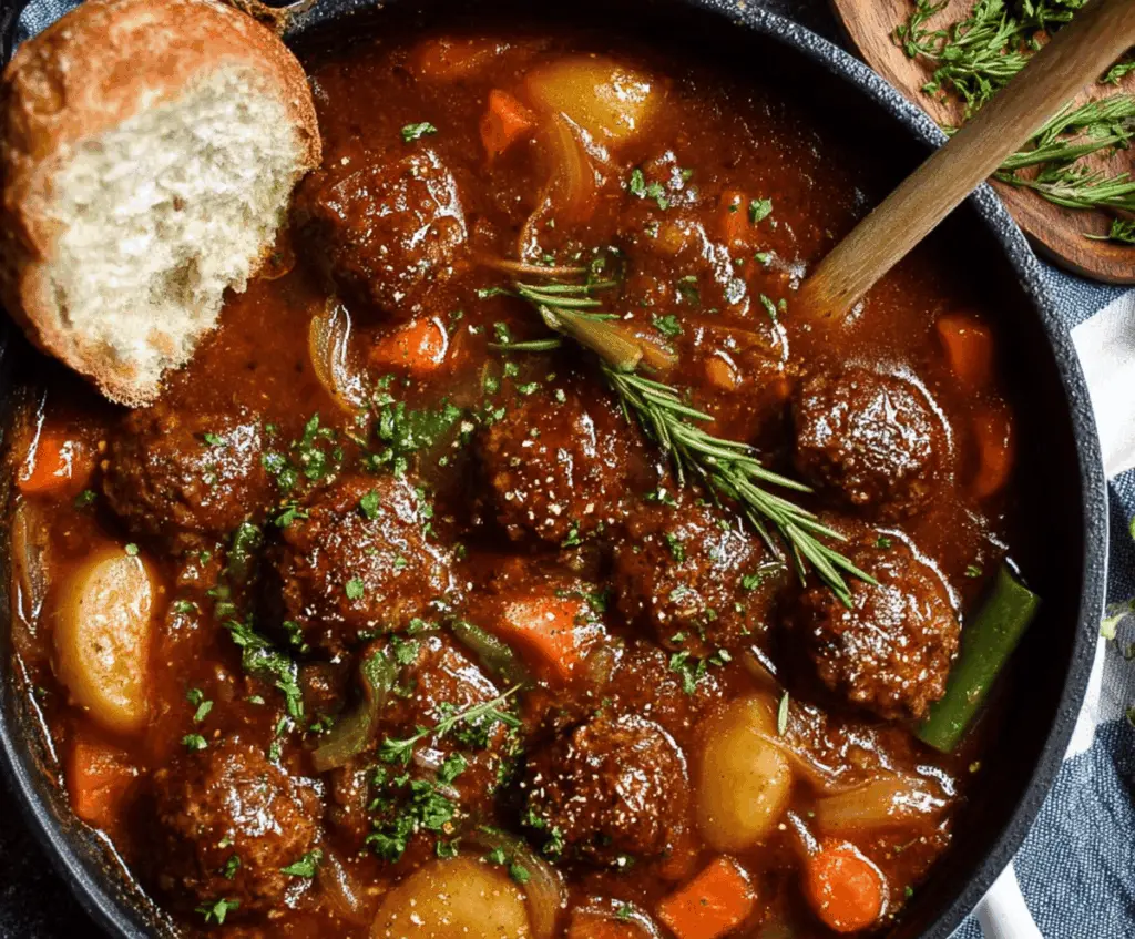 Hearty one-pot meatball stew with colorful vegetables in a rustic bowl, ready to serve
