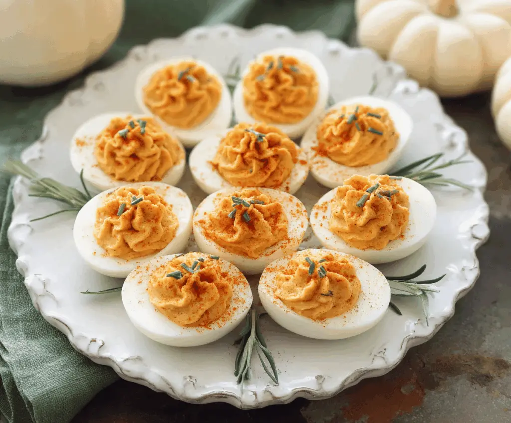 Creamy pumpkin deviled eggs topped with paprika and chives, perfect for fall appetizers and Halloween parties.