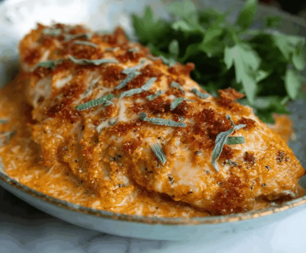 Creamy pumpkin Parmesan chicken skillet topped with fresh herbs and served with roasted vegetables