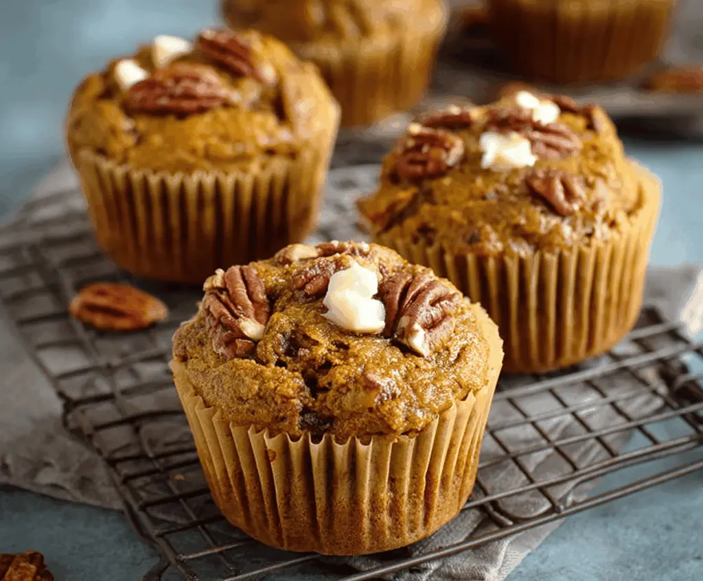 Freshly baked pumpkin pecan muffins with a golden crust and sprinkled with chopped pecans, perfect for fall breakfast or snacks.