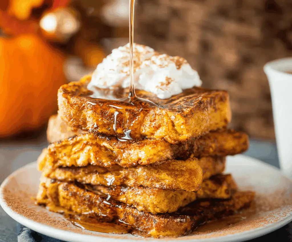 Delicious Pumpkin Pie French Toast topped with whipped cream and cinnamon, served with fresh fruit for a flavorful breakfast treat