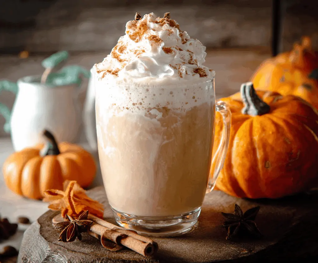 A steaming pumpkin spice latte topped with whipped cream and a sprinkle of cinnamon in a clear glass mug, perfect for fall sipping.