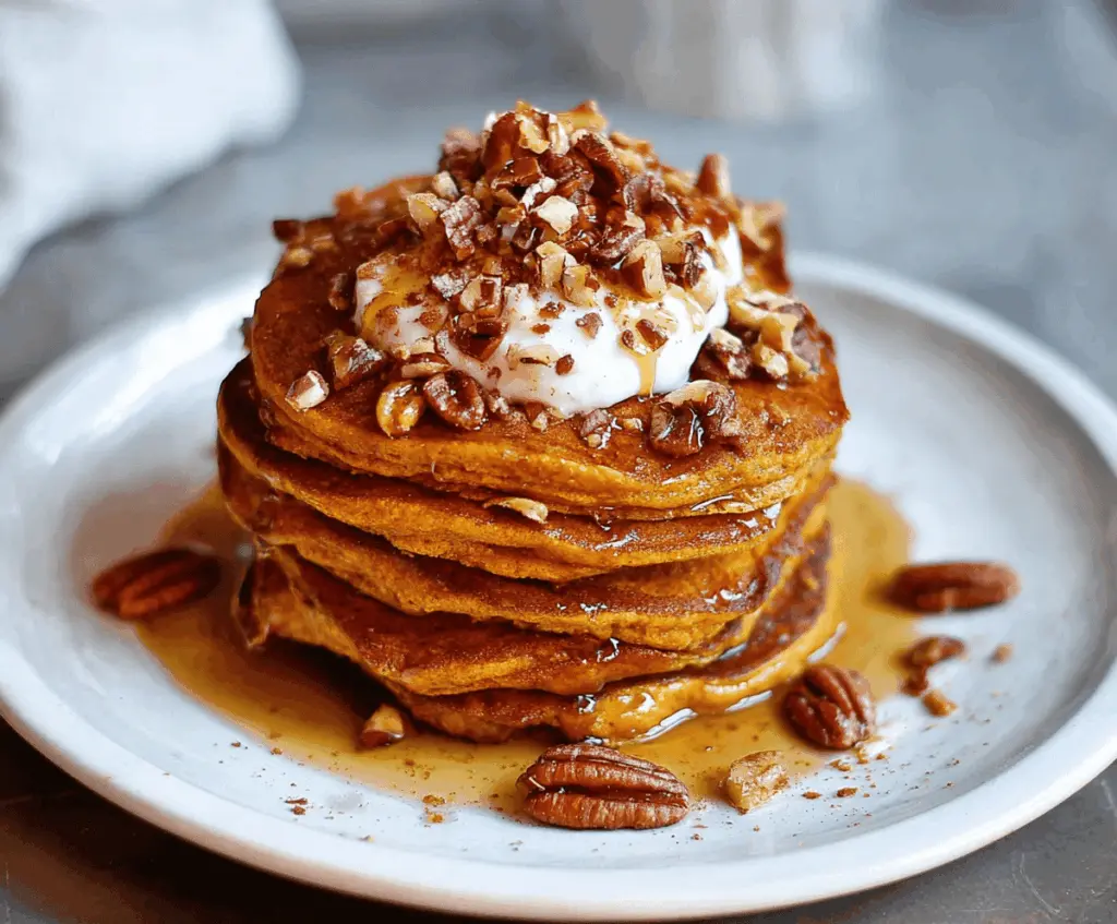 Delicious fluffy pumpkin spice pancakes topped with whipped cream and cinnamon, perfect for a cozy breakfast in fall