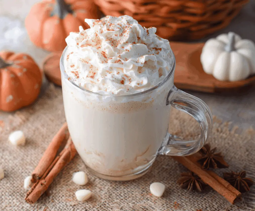 Creamy pumpkin spice white hot chocolate topped with whipped cream and a sprinkle of cinnamon in a festive mug, perfect for fall comfort drinks.