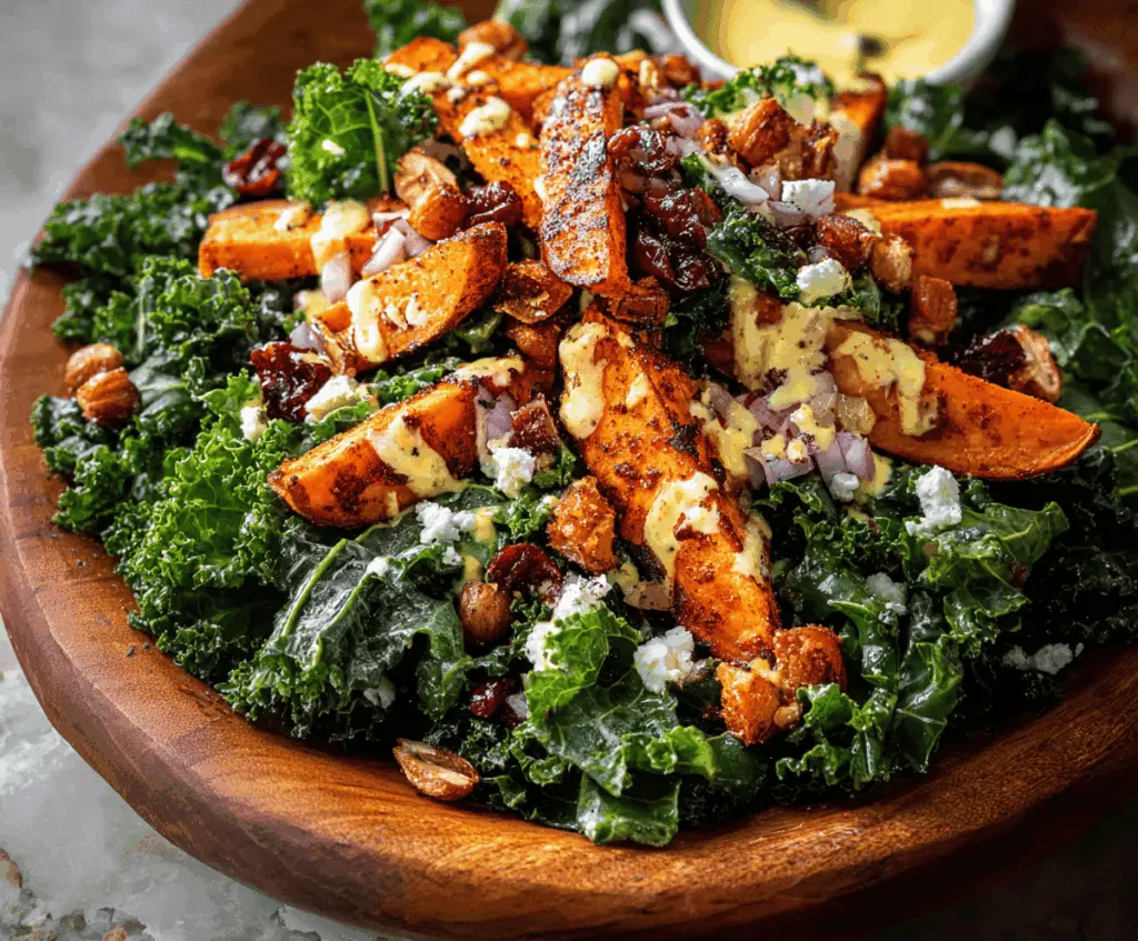 Colorful roasted sweet potato and fresh kale salad garnished with seeds and herbs, perfect for a healthy and delicious meal