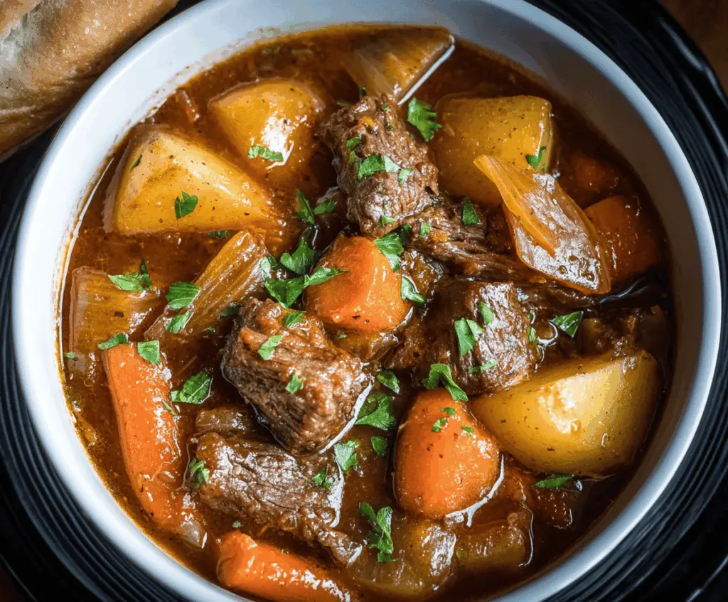 Hearty slow cooker beef stew with tender beef chunks, carrots, potatoes, and herbs served in a rustic bowl