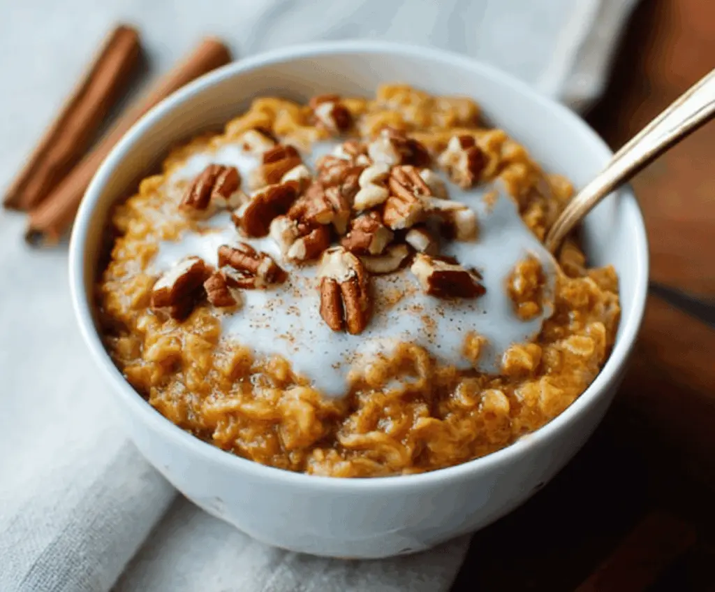 Creamy Slow Cooker Pumpkin Pie Oatmeal topped with whipped cream and cinnamon in a bowl, perfect for a cozy fall breakfast.