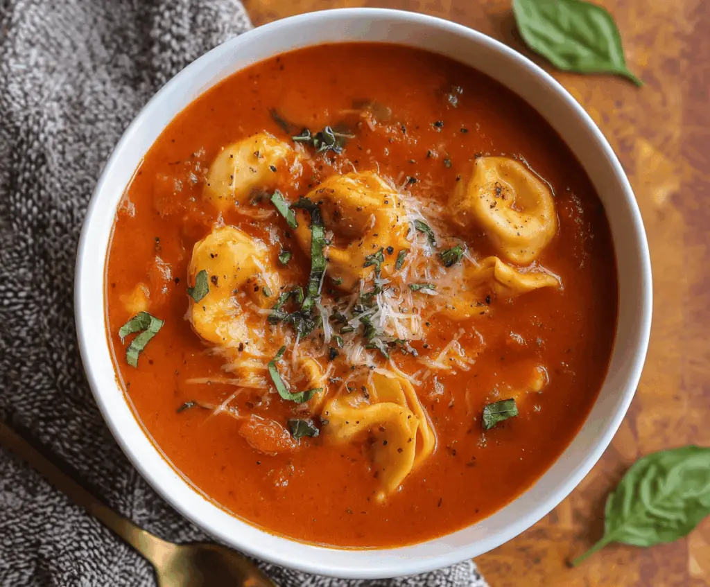 Creamy tomato tortellini soup in a slow cooker, garnished with fresh basil and grated Parmesan cheese, ready to serve.