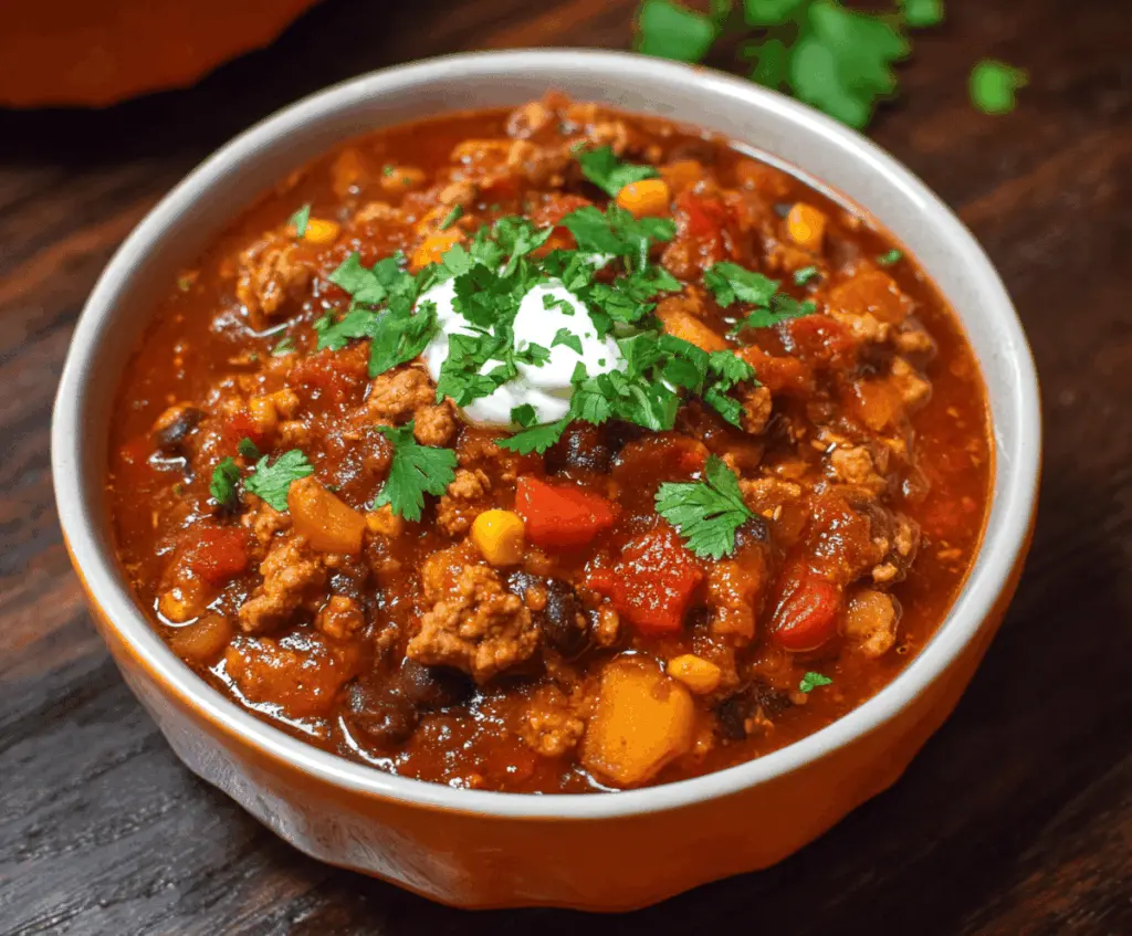Hearty smoky chipotle turkey chili in a bowl garnished with fresh herbs and topped with sour cream, served with crusty bread