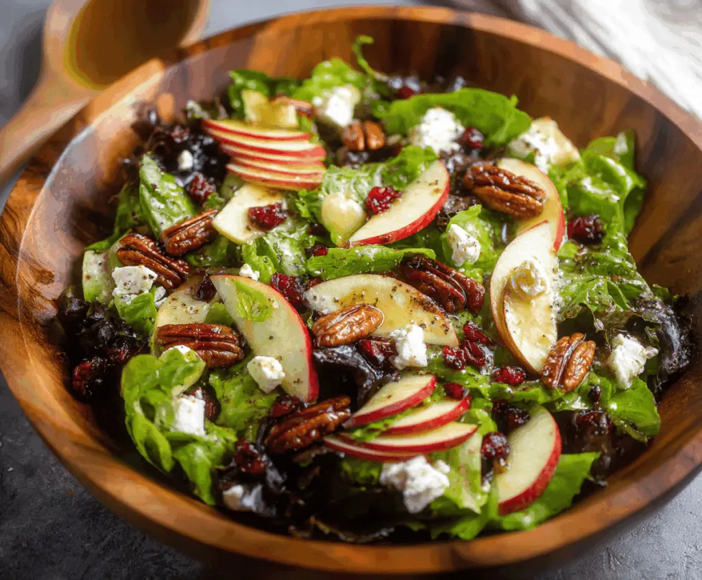 Fresh TikTok Apple Goat Cheese Pecan Salad with sliced apples, creamy goat cheese, crunchy pecans, and mixed greens for a delicious, healthy appetizer