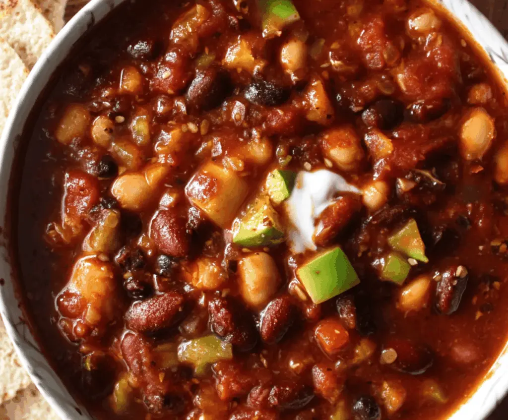 Colorful vegetarian three-bean chili in a bowl with diced tomatoes, bell peppers, and fresh herbs, perfect for a healthy and hearty meal.