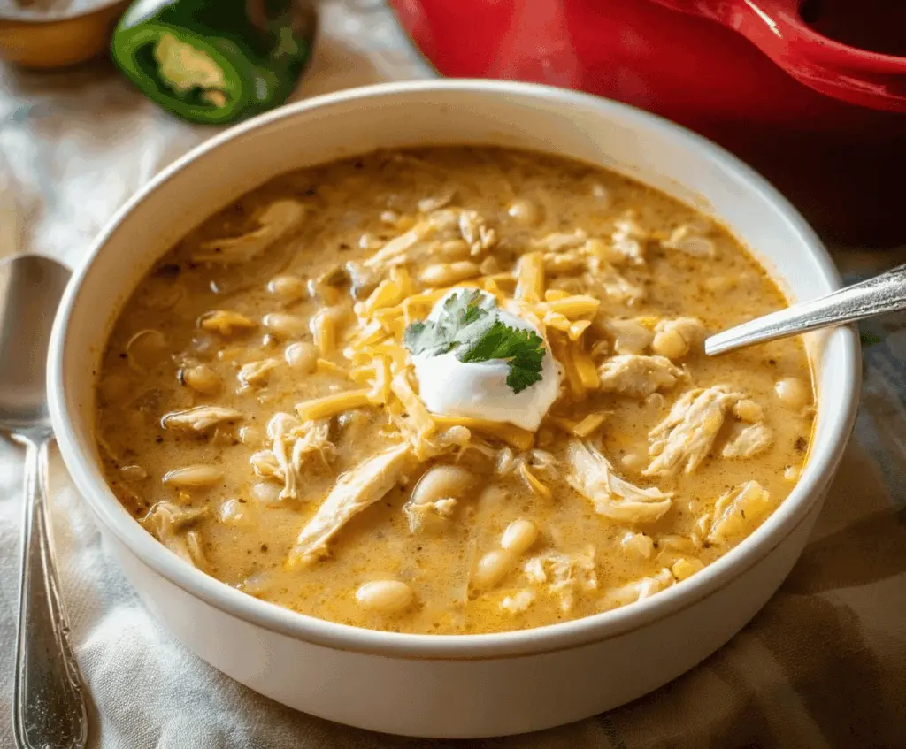 Creamy white chicken chili topped with shredded cheese and fresh cilantro in a bowl, served with lime wedges and tortilla chips
