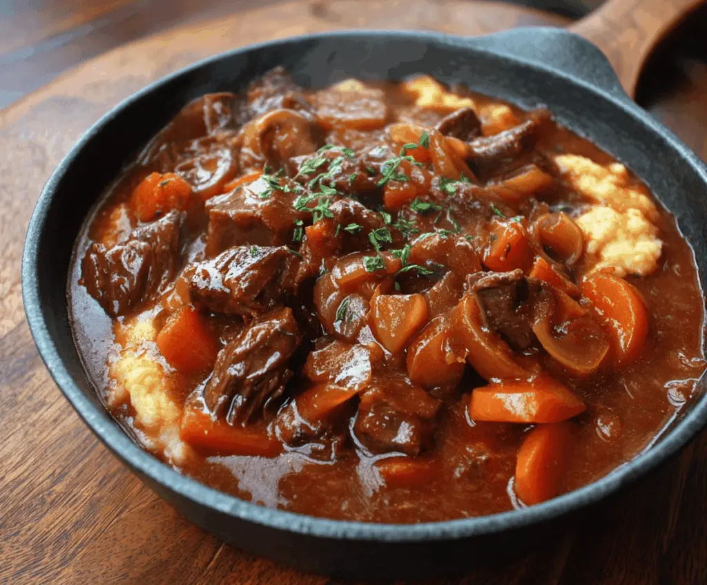 Hearty Witches Cauldron Beef Stew in a black cauldron with vegetables and tender beef chunks, perfect for a Halloween-themed dinner.