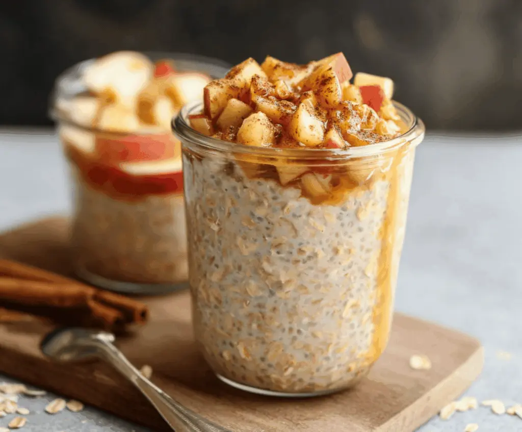 Creamy Apple Cinnamon Overnight Oats topped with fresh apple slices and a sprinkle of cinnamon for a healthy breakfast.