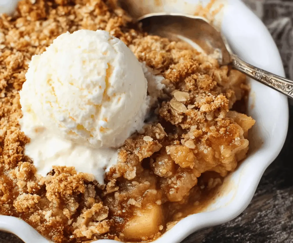 Delicious homemade apple crisp with a golden oat streusel topping served in a baking dish