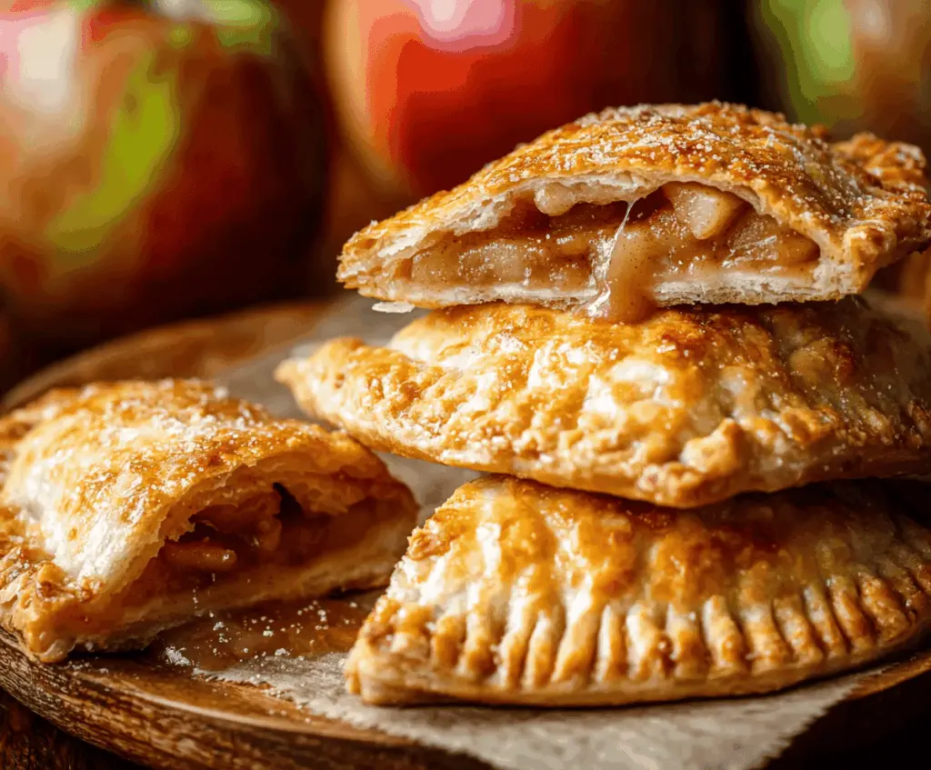 Delicious homemade apple hand pies with golden crust and sweet apple filling on a rustic wooden background