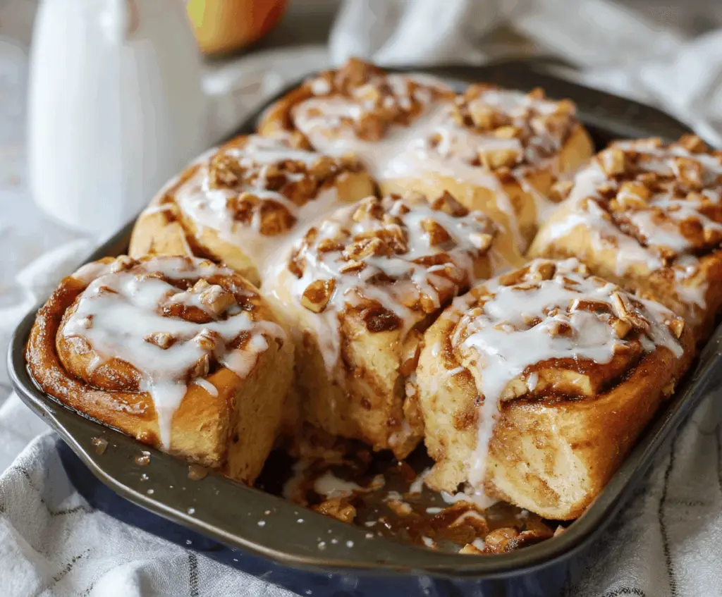 Delicious apple pie cinnamon rolls topped with icing and cinnamon, served on a rustic wooden table, perfect for breakfast or dessert.