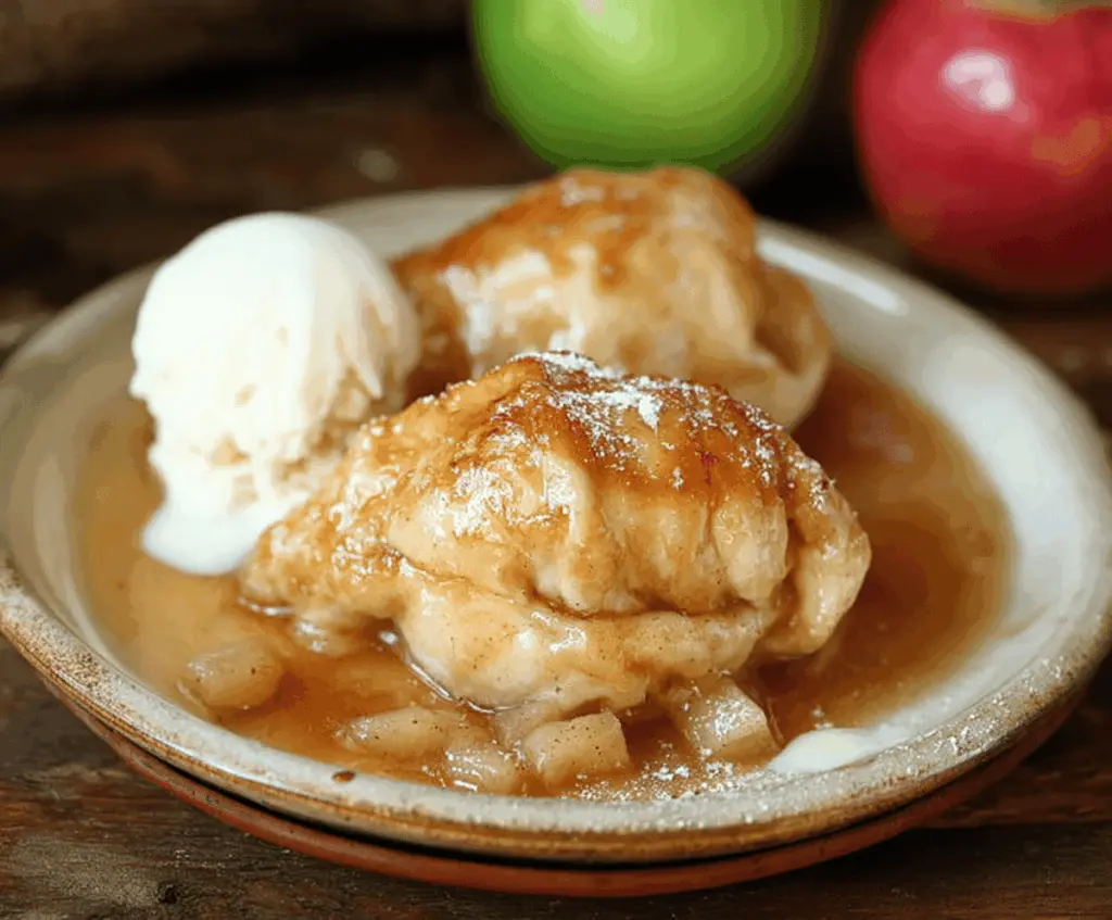 Delicious baked apple dumplings topped with cinnamon sugar, served warm on a white plate, perfect for a cozy dessert