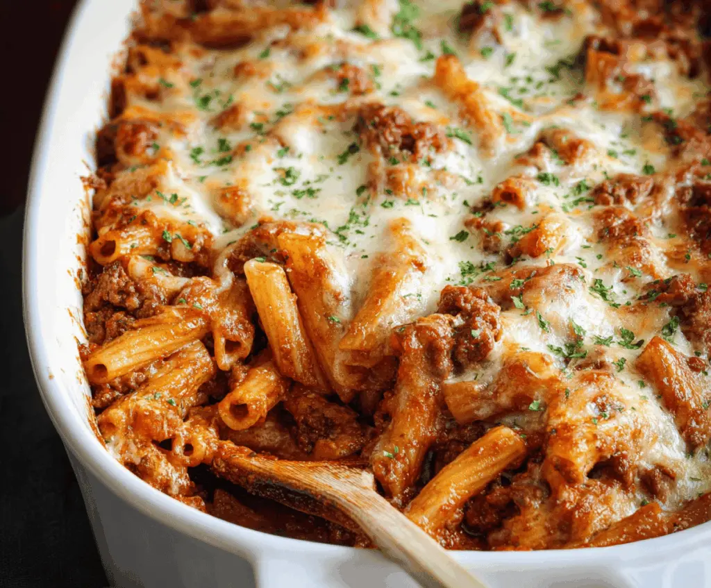 Delicious baked ziti with ground beef, melted cheese, and marinara sauce served in a baking dish, perfect for a hearty family dinner
