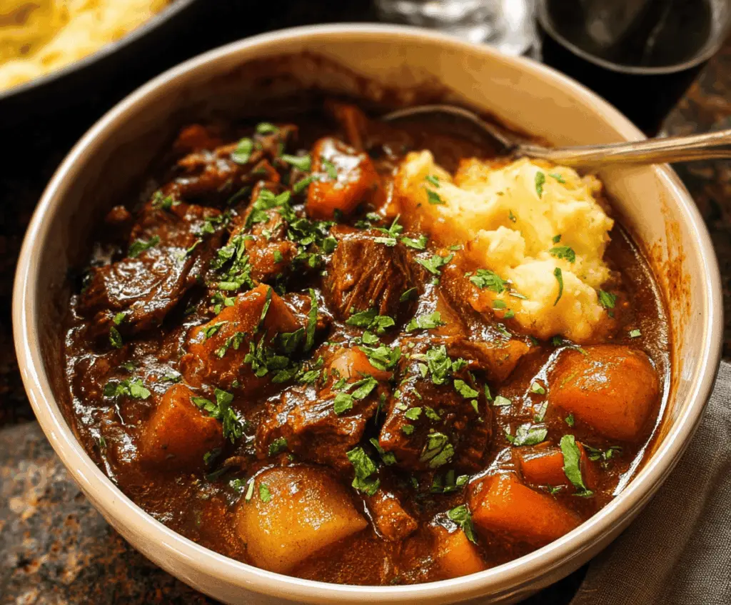 Hearty beef and Guinness stew with tender meat, vegetables, and rich gravy in a rustic bowl.