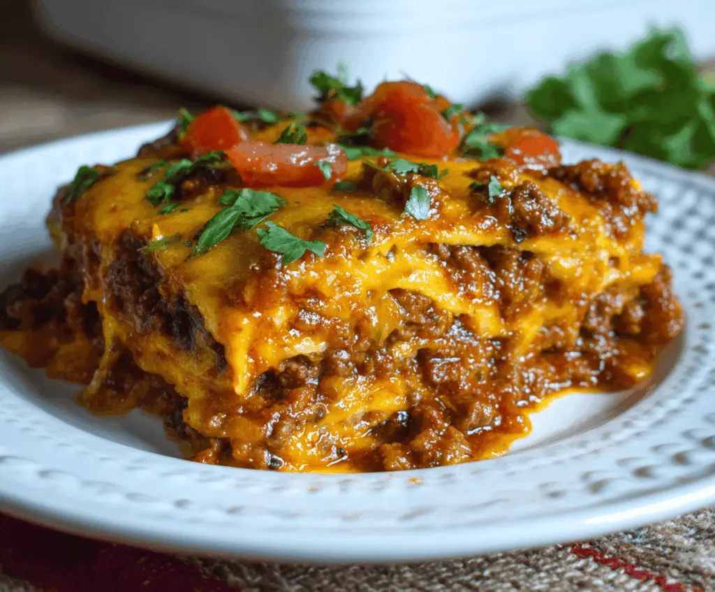 Delicious Beef Enchilada Casserole topped with melted cheese, fresh cilantro, and sliced jalapeños, served in a baking dish
