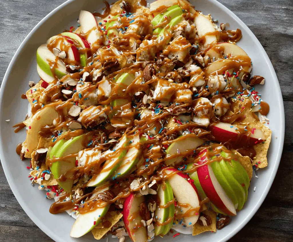 Delicious caramel apple nachos topped with melted caramel, colorful sprinkles, and crushed nuts on sliced fresh apples, perfect for a sweet snack or dessert.