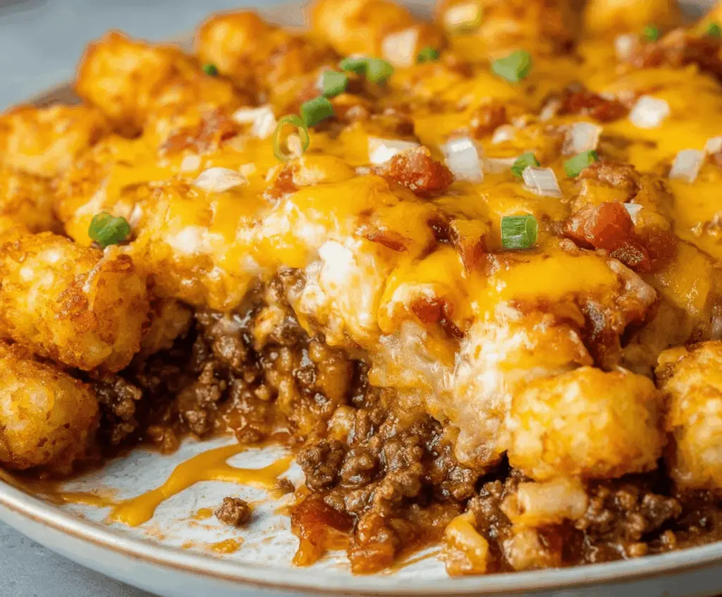 Delicious cheeseburger tater tot casserole topped with melted cheese and fresh toppings, served in a baking dish.