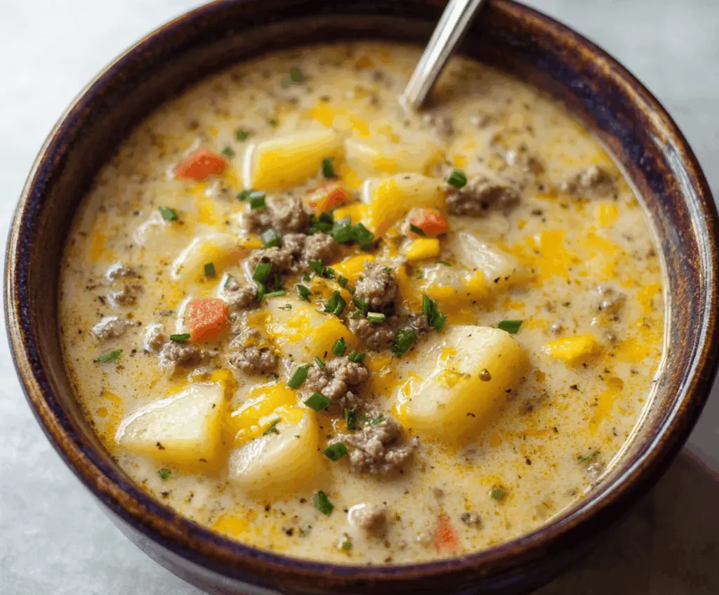 Creamy cheesy hamburger potato soup in a bowl garnished with shredded cheese and fresh herbs, perfect for a comforting meal.