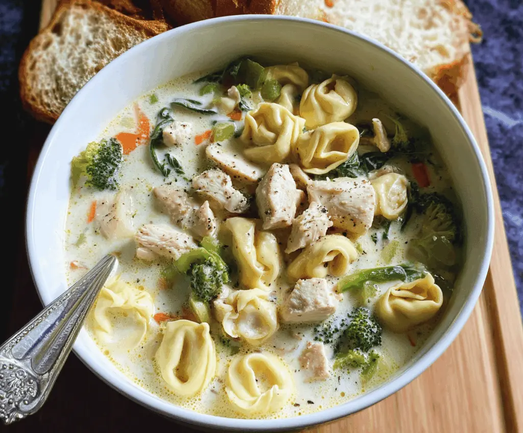 Creamy Chicken Alfredo Tortellini Soup in a bowl with melted cheese, tender tortellini, and fresh herbs, perfect for a comforting meal.