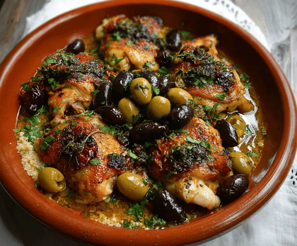 Delicious Chicken Marbella dish featuring roasted chicken with prunes, olives, and herbs on a serving platter