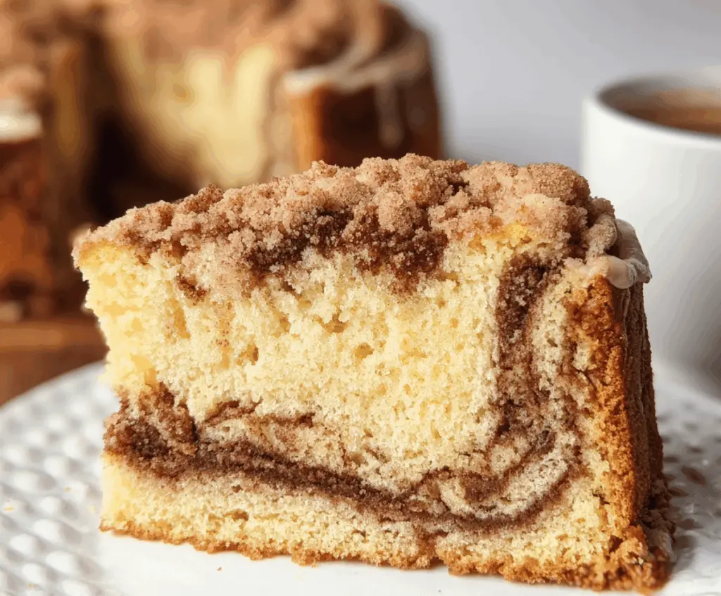 Delicious cinnamon swirl coffee cake topped with powdered sugar and a cinnamon streusel topping on a rustic plate