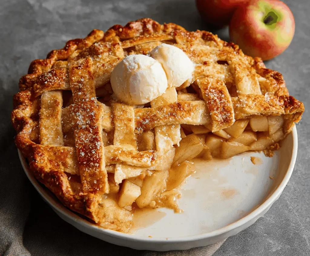 Golden-brown classic apple pie with a flaky crust, filled with cinnamon-spiced apple slices, served on a rustic wooden table
