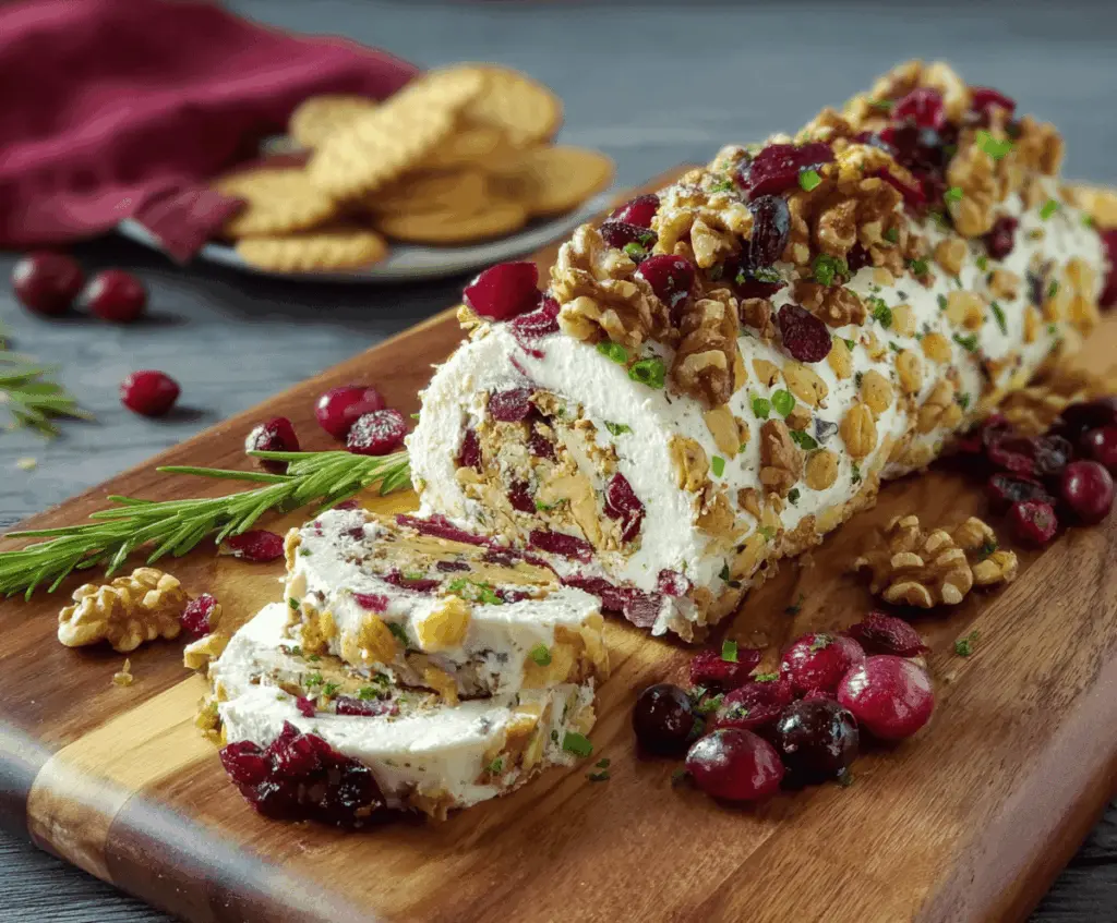Creamy Cranberry Walnut Cheese Log garnished with fresh cranberries and chopped walnuts, perfect for festive appetizers and holiday parties.